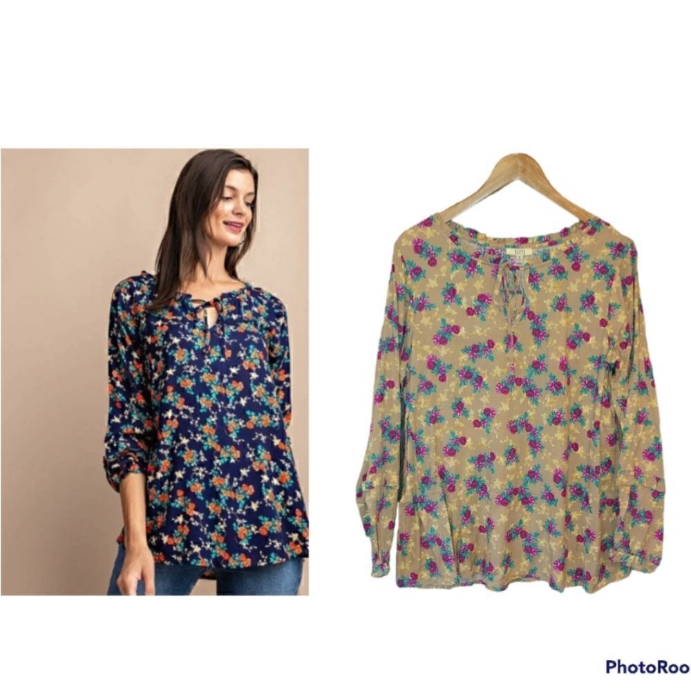 NWT Kori America Floral Longsleeve Bohemian Peasant Top Ruffle Sleeve M